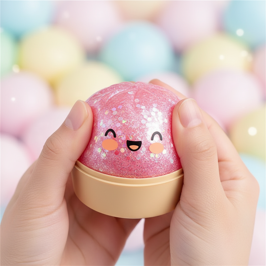 Glittery sparkly squishy dumpling toy with kawaii smiley face being held, pink glitter dumpling in bamboo steamer base