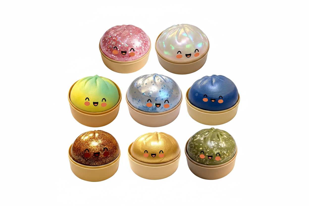 Clean minimalist shot of glittery squishy dumpling toys