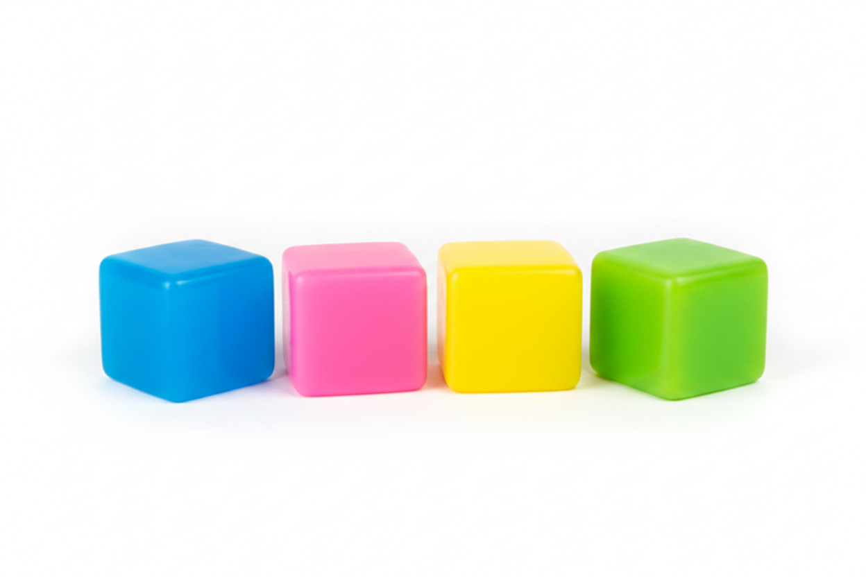 Clean minimalist shot of squishy cube toys in multiple colors